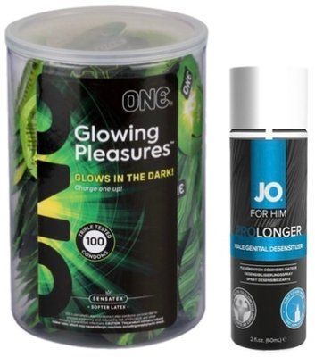 Набор из ONE Glowing Pleasures, 100 шт + Пролонгатор System JO Prolonger Spray with Benzocaine (60 мл) SOS9569 фото