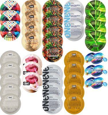 Набор с 39 шт ONE Extreme Ribs + ONE Vanish + ONE Tattoo + ONE Sensitive + ONE Glowing + ONE Pleasure Dome + ONE Bubblegum + ONE Extra Strong + ONE Legend XL + ONE UltraFeel SOS8318 фото