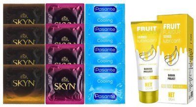 Комплект: Лубрикант OLO Banana (120мл) +8 шт. SKYN+4 шт. Pasante Cooling SOS10482 фото