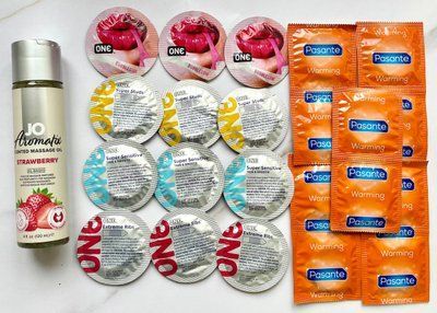 Набор 22 шт ONE Flavor Waves, Super Sensitive, Extreme ribs , Super Studs - Pasante Warming + System JO Aromatix Strawberry 120 мл SOS1820 фото
