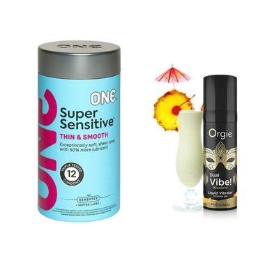 ONE Super Sensitive Pack 12 шт.+Рідкий вібратор коктейль Піна Колада DUAL VIBE!, 15 мл Orgie SOS6547 фото