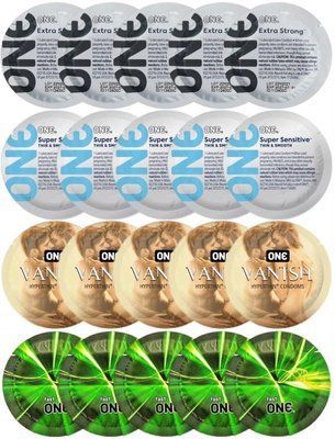 Набір з 20 шт ONE Extra strong + 𝐎𝐍𝐄 𝐒𝐮𝐩𝐞𝐫 𝐒𝐞𝐧𝐬𝐢𝐭𝐢𝐯𝐞 + ONE Vanish + One Glowing Pleasures SOS8169 фото