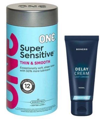 Набор из ONE Super Sensitive Pack 12 шт + Пролонгатор Boners Delay Cream 100 мл SOS9420 фото