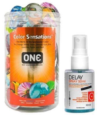 Набор из ONE Color Sensations 100 шт + Пролонгатор LOVELY LOVERS DELAY SPRAY 50 ML SOS9170 фото