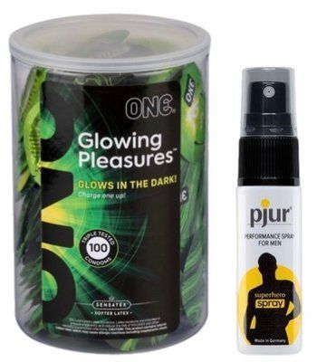Набор из ONE Glowing Pleasures, 100 шт + Пролонгатор pjur Superhero Spray 20 мл SOS9570 фото