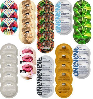 Набор с 39 шт ONE Extreme Ribs + ONE Vanish + ONE Tattoo + ONE Sensitive + ONE Glowing + ONE Pleasure Dome + ONE Bubblegum + ONE Extra Strong + ONE Legend XL + ONE Classic Select SOS8319 фото