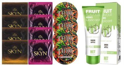 Комплект: Лубрикант OLO со вкусом яблока (120 мл) + 8 шт. SKYN + 4 шт. ONE Tattoo SOS10734 фото