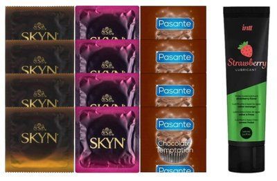 Набір: Смазка Intt Strawberry (100 мл) + 8 шт Skyn + 4 шт Pasante Chocolate Temptation SOS10380 фото