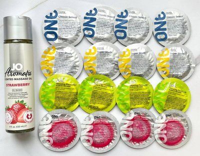 Комплект 16 шт - ONE Super Studs, Classic, Color Sensations, Glowing Pleasures + System JO Aromatix Strawberry 120 мл SOS1921 фото