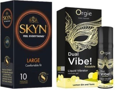 Набор из 10 шт SKYN Large + Жидкий вибратор Orgie Dual Vibe! Lemon Gin And Tonic Kissable Liquid Vibrator, 15 мл SOS10330 фото