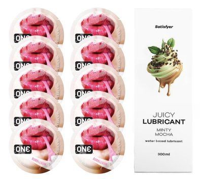 Комплект 𝐎𝐍𝐄 Bubblegum 10 шт. + Лубрикант Satisfyer Juicy Lubricant Minty Mocha (300 мл) SOS12239 фото