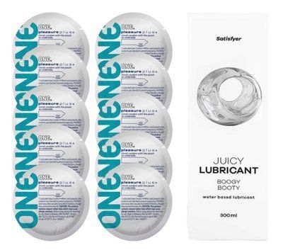 Комплект 𝐎𝐍𝐄 𝐏𝐥𝐮𝐬 10 шт. + Лубрикант Satisfyer Juicy Lubricant Boogy Booty (300 мл) SOS12339 фото
