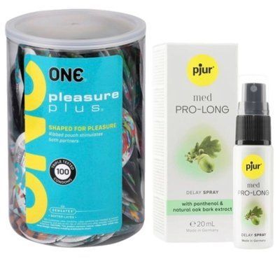 Набор из ONE Pleasure Plus, 100 шт + Пролонгатор pjur MED Prolong Spray 20 мл SOS9120 фото